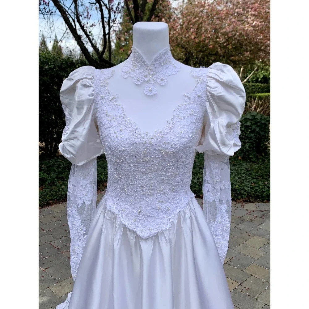 Vintage 80s Poof Sleeve Wedding Dress Victorian Edwardian Cottage Core SZ ~6-8P - Picture 12 of 14